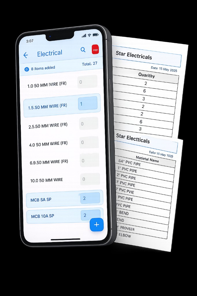 WireApp material list screen on an Android phone alongside a generated PDF
